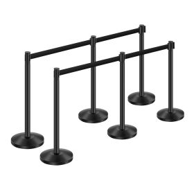 Stanchion Post, 6 Pcs Stanchions with Retractable Belts, Carbon Steel Black Stanchions Queue with Sand Injection Hollow Base