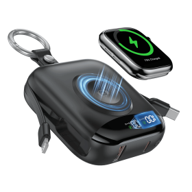 10000mAh Wireless Power Bank with Built-in USB-C & Lightning Cables, Black Portable Charger for Apple Watch, iPhone 16/15/14, Samsung Galaxy & Ai