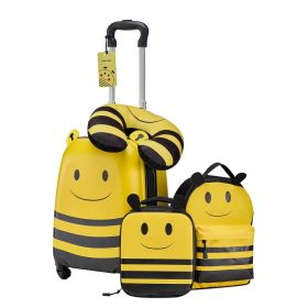 Kids Luggage Set, 5 Piece, 18 Inch Hardside Rolling Wheels Suitcase with Backpack & U-shape Pillow, Bee Kids Carry on Luggage Set