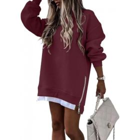Fall Winter Fashion Stitching Side Zipper Design Pullover Sweater For Women (Option: Wine Red-S)