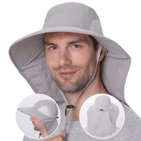 Outdoor Fisherman Hat for Men Women Summer Quick Drying Neck Protection Visor Cap Anti UV Breathable Fishing Safari Hat (Color: Dark Gray)