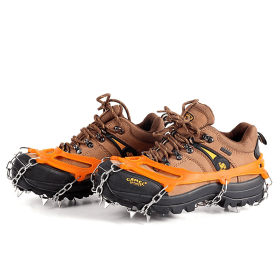 1 pair Outdoor ice claw anti slip shoe cover hiking shoe nail chain stainless steel anti slip snow climbing anti fall shoe nail chain (Color: Orange, size: 24 teeth-L)