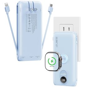 10000mAh Portable Charger with Built-in AC Wall Plug & Cables, 3-in-1 Wireless Power Bank for Apple Watch (Color: Blue)