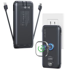 10000mAh Portable Charger with Built-in AC Wall Plug & Cables, 3-in-1 Wireless Power Bank for Apple Watch (Color: Black)
