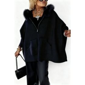 Ins Plush Hooded Cardigan Fashion Warm Pockets Zip-up Knitted Jacket Casual Outerwear Batwing Sleeve Sweater Women's Clothing (Option: Black-M)